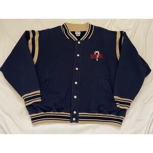 Vintage Guess Mens Varsity Style Sweater Jacket Snap Blue And Tan Embroidered